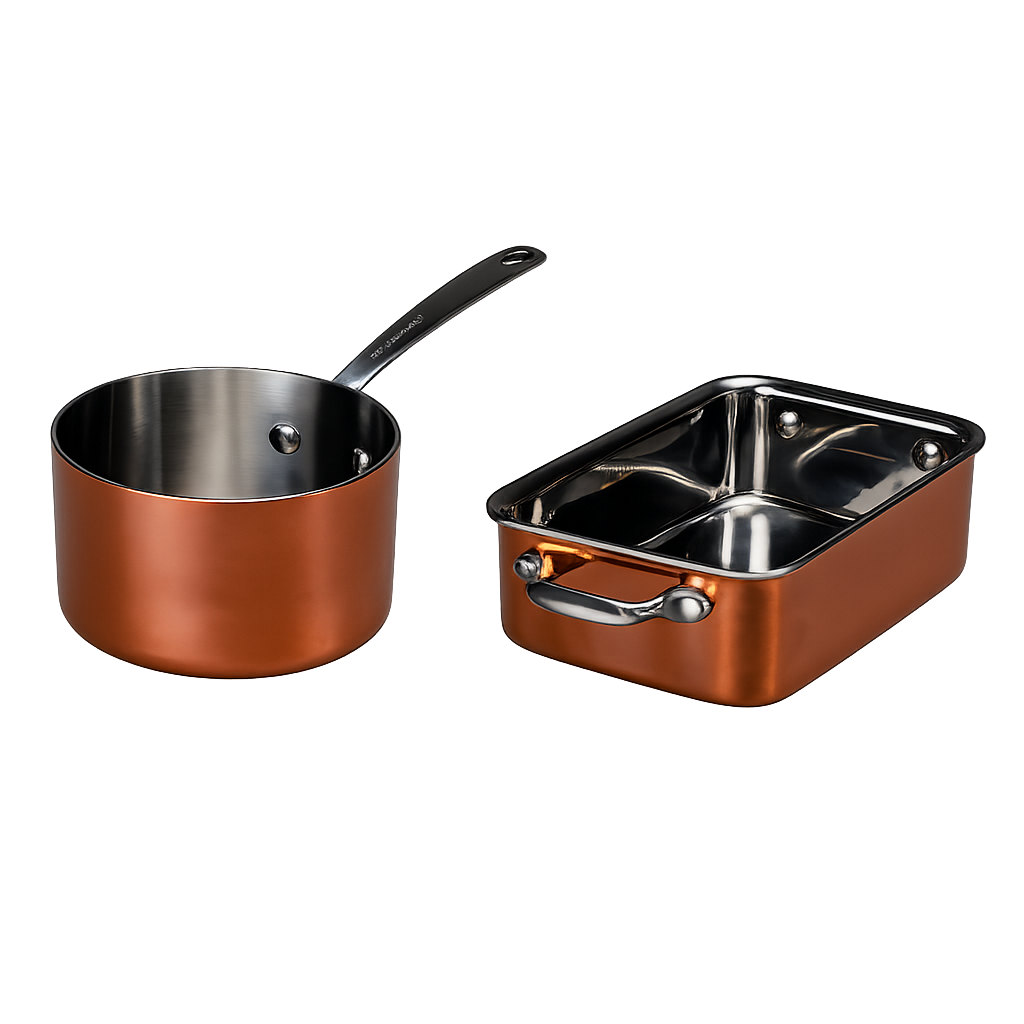 Serveringssæt i kobber (fad + kasserolle)